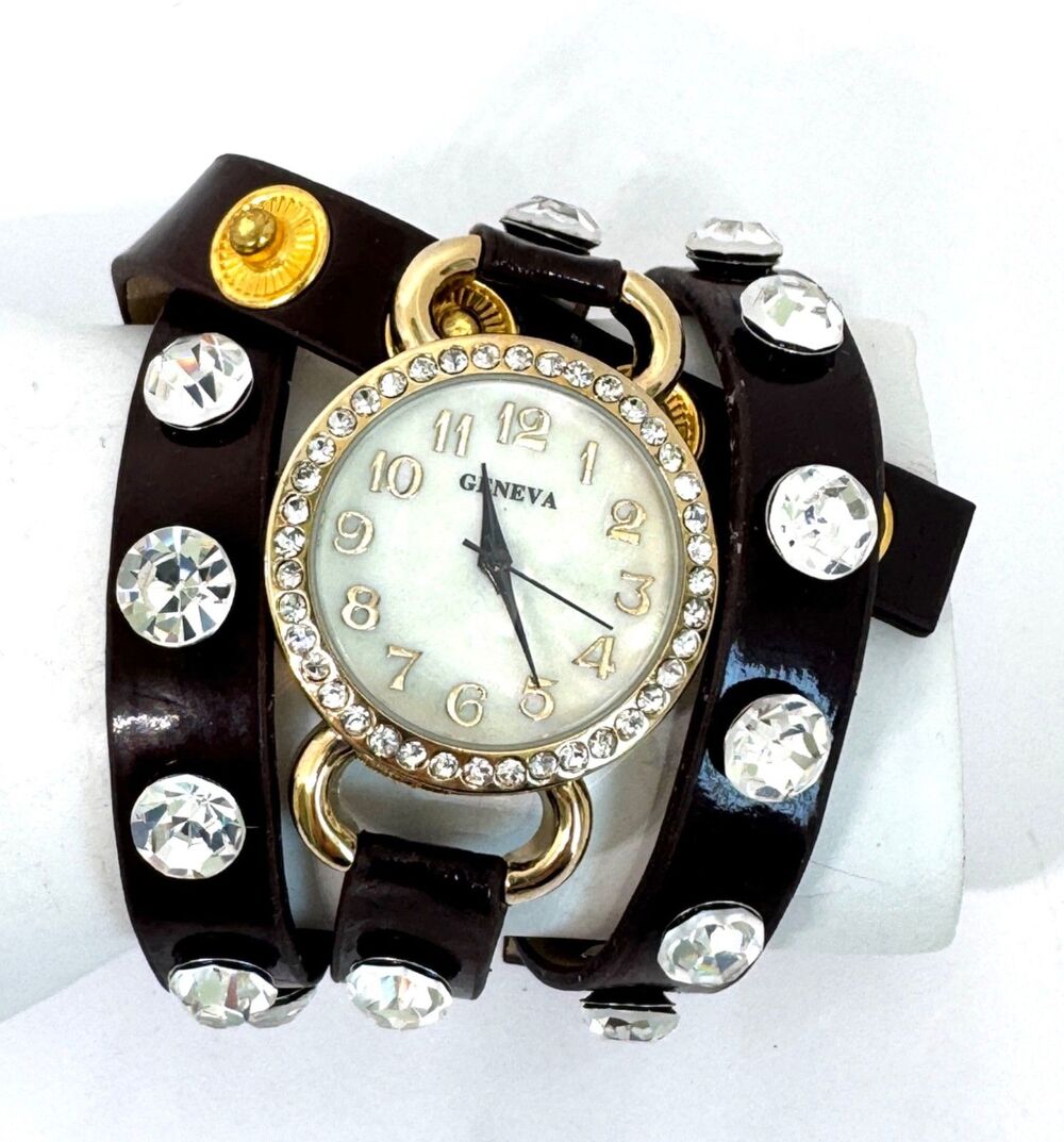 Y2K Vtg New Brown Wrap Ladies Women's Watch Clear Stud MOP #1085